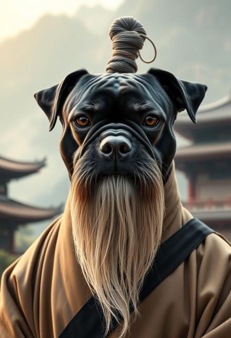 A photorealistic portrait of a black dog with a flat, squashed face, styled like a martial arts master. The dog has a long flowing white beard extending far below its chin, large bushy white eyebrows, and long sideways white whiskers. On top of its head is a traditional topknot bun, resembling Pai Mei from Kill Bill. The dog is wearing traditional East Asian monk robes in neutral tones, with a black sash. It stares directly into the camera with a calm, superior expression. The background is a misty mountain temple scene with warm natural lighting. Vertical 9:16 aspect ratio.