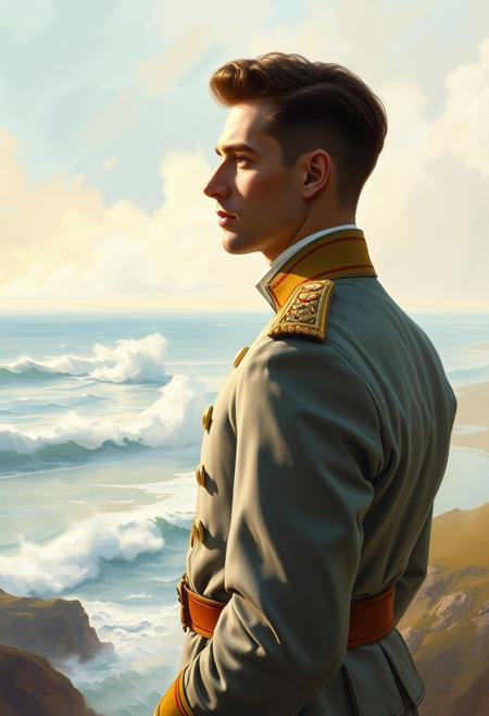 An elegant nobleman gazing over a windswept coastal scene, his finely rendered military uniform contrasting against the soft, impressionistic waves and sky. portrait infused with soft impressionistic landscape, luminous delicate skin tones blending with atmospheric painterly brushwork, flowing elegant fabrics against a vast natural backdrop, harmonious muted color palette with subtle light effects, graceful idealized figures merging with dreamlike countryside scenery