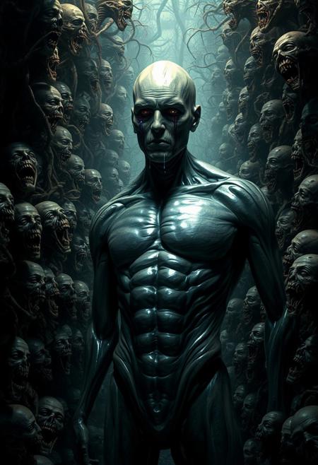 A surreal, dark, and nightmarish scene featuring a towering, bald humanoid figure with a metallic, almost chrome-like skin. The figure's muscular torso is prominently displayed, and its expressionless face has dark, liquid tears streaming down its cheeks. Surrounding the central figure are countless distorted, grotesque faces and screaming heads, blending into the background as if they are part of an endless, biomechanical structure. The atmosphere is eerie and oppressive, with twisted, sinewy forms intertwining with one another, creating a tunnel-like visual that fades into an infinite, haunting abyss. The design is intricate, with hyper-detailed elements, resembling a fusion of organic and mechanical horrors, evoking a deep sense of dread and unease.