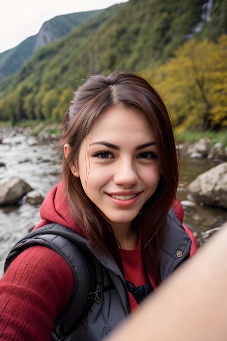 ((selfie)) photo of (d3laia:0.99), smiling, outdoors, mountains, wearing a backpack, sweater, and hiking jacket, rocks, river, wood, analog style (look at viewer:1.2) (skin texture), close up, cinematic light, sidelighting, Fujiflim XT3, DSLR, 50mm