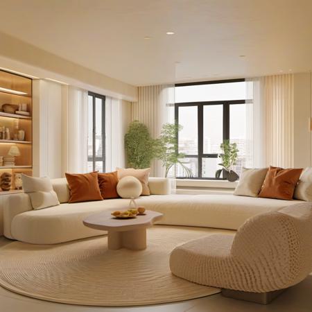 8k, photo-realistic,beautiful room,soft room,livingroom,soft sofa,cream style,warm color,window