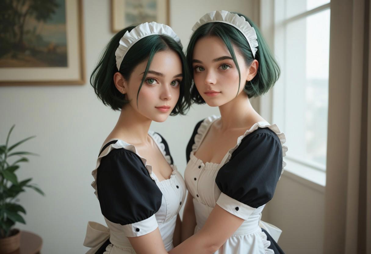 score_9, score_8_up, score_7_up, score_6_up, 
cute girl,twins,thin shoulder,dark green hair,short curl hair,maid dress,
((look at viewer)),