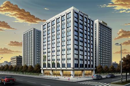 masterpiece,realistic,best quality,high-rise office building,architectural renderings,horizen facade,rendered renderings,tree,vehicle,landscape,cloudy_sky,road,street,city,curtain wall,high-rise complex,