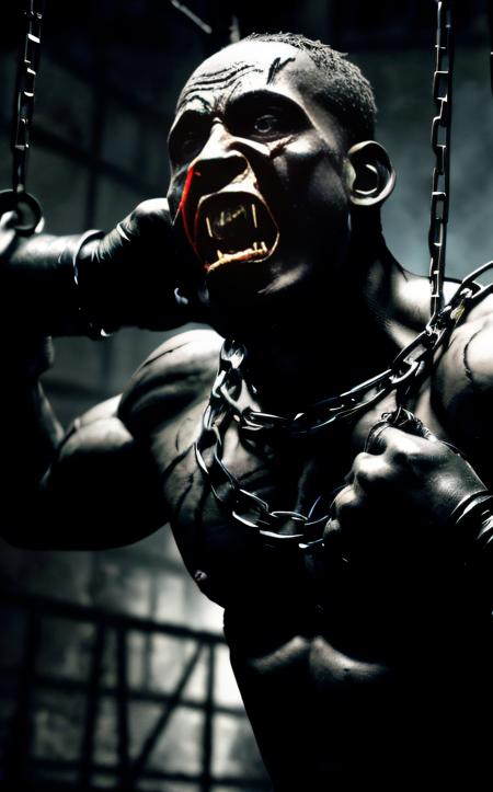 Fighting game style dark figure of a man held by chains, chains around neck, 1man, madness human, dark background, horror theme, simple background of cages, hand reaching to wiever from man, (shocked face 0.5), anguish, dark setting, shadows, surreal . Dynamic, vibrant, action-packed, detailed character design, reminiscent of fighting video games