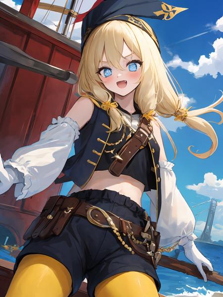 masterpiece,best quality,highres,cinematic lighting,dramatic angle,<lora:ShadowverseDeepSeaScoutV1-000039:0.8>,head scarf,blonde hair,pirate,blue eyes,star-shaped pupils,fangs,:d,blush,bare shoulders,vest,white shirt,detached sleeves,gloves,holding flag,yellow pantyhose,black shorts,sheath,belt,on boat,ocean,boots,telescope,cowboy shot