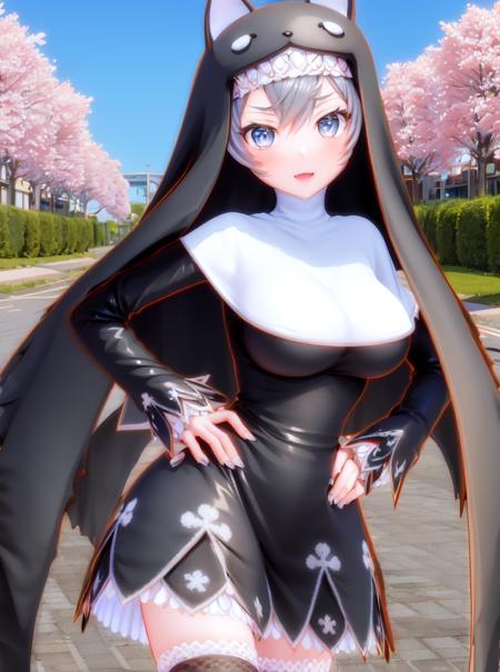 Sistermon Noir,1girl,(solo:1.1),thighhighs,nun,silver hair,breasts,zettai ryouiki,black thighhighs,grey eyes,<lora:ï¼äººç© ä¿®å¥³å½é»ï¼Sistermon Noir>,STANCE,cherry blossoms,star \(sky\),hands on hips,, (masterpiece), (best quality), HDR, intricate detail,