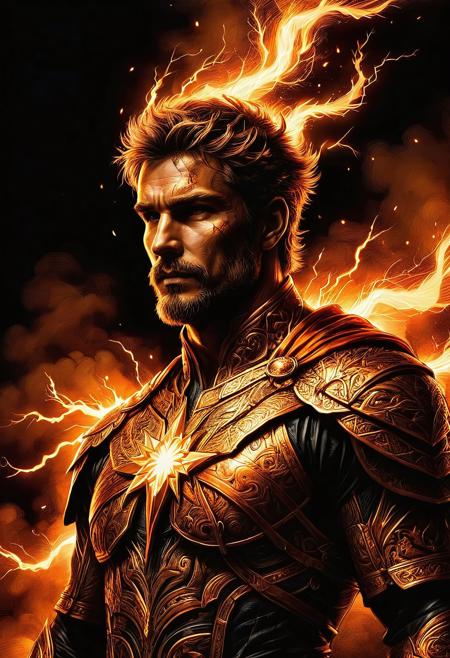 Man, Slavic god, full height, lightning bolt, Silhouette Art, breathtaking detailed, masterpiece, lovely, charming, awe-inspiring, radiant, magnificent. (all dark hues and fine vibrant orange glowing smoldering accent and shiny gold color scheme:1.02). glossy.
<lora:InkArtXL_1.2:0.4> <lora:FaeTastic:0.35> . award-winning, professional, highly detailed . extremely high-resolution details, photographic, realism pushed to extreme, fine texture, incredibly lifelike, high contrast, well defined .