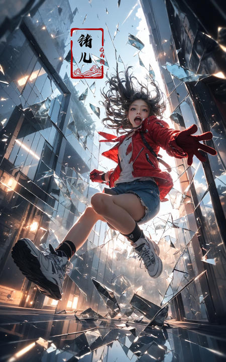 jumpingmidair, (1girl, solo:1.2), open mouth, outdoors, building, (broken glass:1.5), shoes, (red gloves:1.3),
Glow, reflective glass, light pollution
<lora:~Q?-gV jumping:0.8>