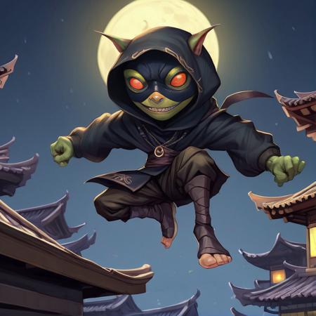 A cute male path_goblin ninja , big eyes, wearing a dark hoodie cloak,and a mask, jumping from roof to roof on a nocturnal oriental city,<lora:Path_goblin:1>