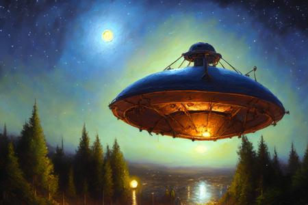 oil painting of a flying saucer ufo disk in the night sky, intricate background, art by dgstyle