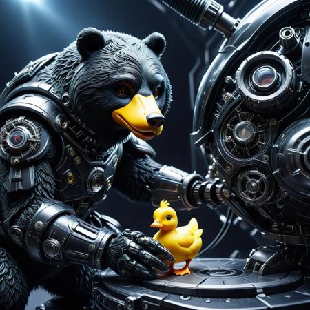 "The Bear’s Bargain" – The moon bear, missing an eye and half its fur, offers the duck to the robot overlord in exchange for mercy—only for the machine to crush them both in its hydraulic fist.
score_9, score_8_up, score_8_up, masterpiece,super detailed face, super high resolution, FaceDetail, masterpiece-level, highly detailed, intricate details, detailed background, complex background, cinematic, intricately detailed illustration, depth of field, masterpiece, best quality, amazing quality, very aesthetic, absurdres, newest, very awa, shadow, dynamic angle,