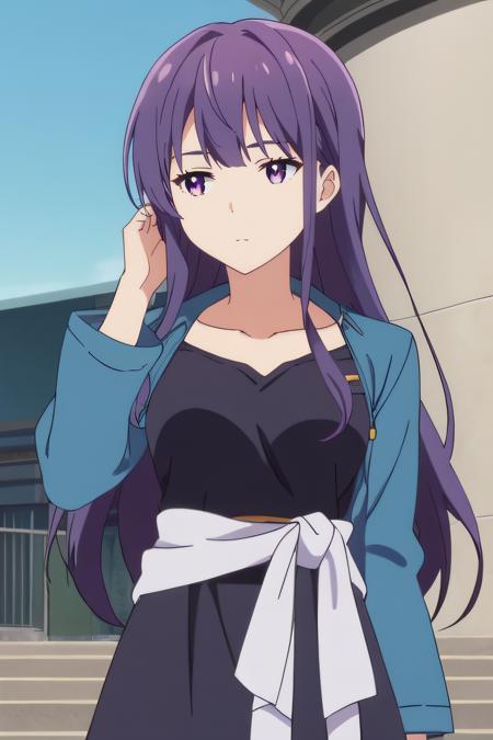 kazuha, long hair purple hair, purple eyes collarbone, black dress, blue jacket, long sleeves, white knot, white knot around waist