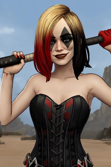 (masterpiece:1.2), telltale harley, blue eyes, makeup, red hair, blonde hair, black hair, multicolored hair, gradient hair, smile, bare shoulders, corset, desert, holding a baseball bat , <lora:TelltaleHarley:1>