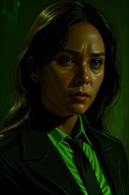 painting of a woman fbi agent wearing a black suit and a bolo tie, realistic, grim expression, detailed face, detailed clothing, backlit by an eerie green glow, intricate background  <lora:the_conspiracy_b2:0.85>