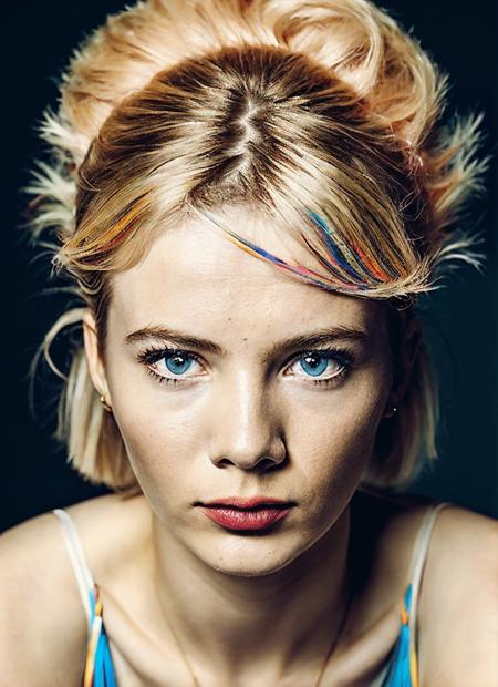 analog style, modelshoot style, nsfw, nudity portrait of sks woman by Flora Borsi, style by Flora Borsi, bold, bright colours, rainbow Mohawk haircut, ((Flora Borsi)), <lora:locon_freyaallan_v1_from_v1_64_32:1.25>