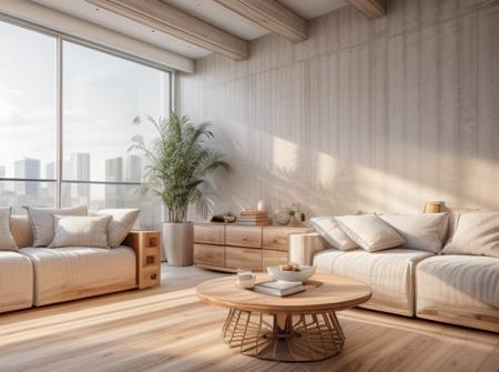 (ultra realistic), masterpiece, best quality, super detailed, ultra high res, raw photo, 8k,
living room lukhshad aj in the apartment, in the style of modern, monochromatic serenity, super detailed, concrete, white, wooden table, (light gray fabric sofa), fabric pilows, wooden flooring, wooden modular cabinet, backlight, white wall, (white ceiling), soft sunlight, window,
 <lora:Modern wooden living room - PHK-000010:0.4>