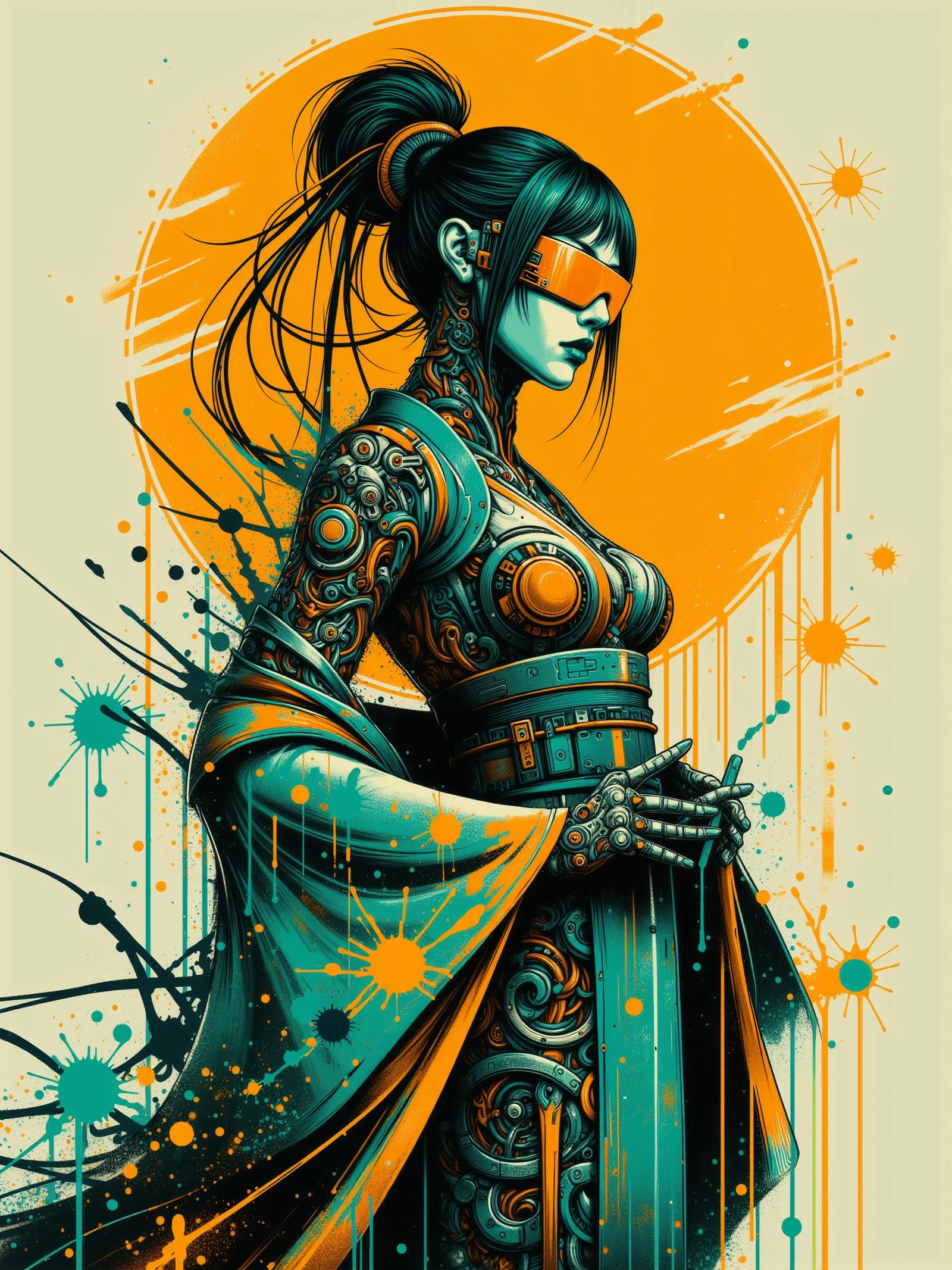 mad-cbrpnksplshrt cyberpunk woman wearing a futuristic kimono in front of stylized sun, cybernetic implants, paint splashes, outrun, teal and yellow background,<lora:Neon_Cyberpunk_Splash_Art_FLUX:0.8>