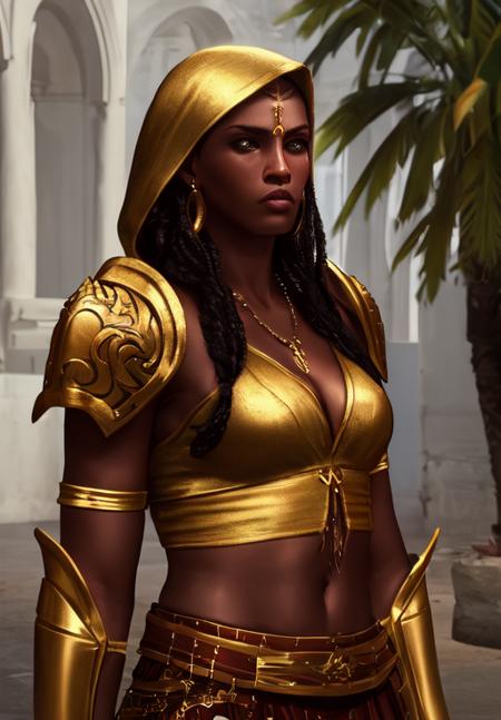 a woman, <lora:Redguard-Female:0.8>, Redguard-Female, 1girl, solo, long hair, navel, cleavage, upper body, earrings, parted lips, hood, piercing, shoulder armor, armlet, pauldrons, realistic, facial tattoo, very dark skin, dreadlocks, (masterpiece, best quality, absurdres, detailed, ultra-detailed:1.3), gorgeous