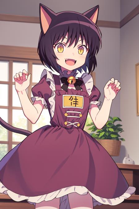 (masterpiece_1.3), (best quality_1.2),kuronekosuzu,1girl,solo,takahashi_rumiko,fang,open mouth,looking at viewer,petite,small_breasts,animal ears,cat ears,black hair,short hair,cat girl,bell,tail,cat tail,yellow eyes,slit pupils,neck bell,smile, <lyco:GoodHands-beta2:0.5>   <lora:20_kuronekosuzu:0.8>reaching, apron on t-shirt  high-waist skirt