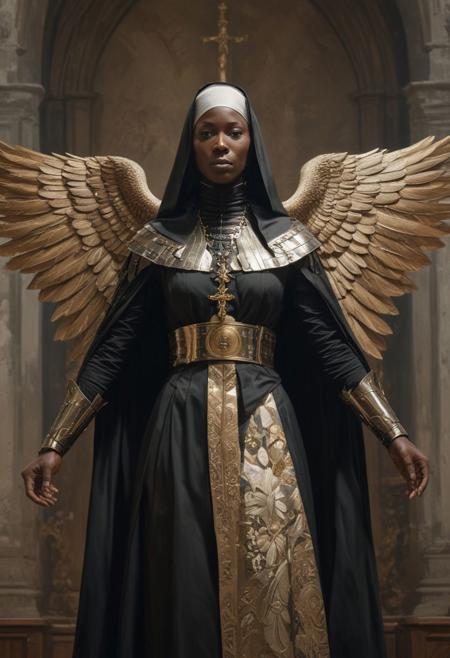 Symmetrical Front view of the african nun warrior, winged, dark, armour, standing pose, extremely long robe, at the church, top light, low saturation, highly detailed,  masterful painting in the style of Anders Zorn | Marco Mazzoni | Yuri Ivanovich, Jeff Simpson, oil on canvas