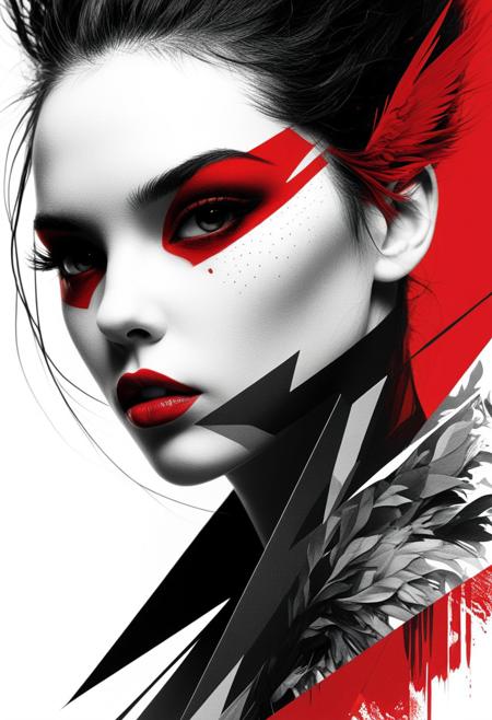 Close-up of an enigmatic silhouette featuring an exotic girl clad in tattered garments, her face adorned with striking red cosmetics that evoke a goddess-like allure. Inspired by the styles of Minjae Lee, Carne Griffiths, Emily Kell, and others, this image showcases incredible depth and surreal double exposure techniques. Geometric patterns intertwine intricately, creating a bokeh effect that draws the eye. The composition is perfectly balanced with deep, fine borders, embodying artistic photorealism and smooth textures. A masterwork by Suiras, it features minimalist vector illustration elements, sharp angular designs, and a bold red background that heightens the intensity of her expression. The modern urban style is accentuated by clean lines and a high contrast palette of black, white, and red, resulting in sleek futuristic aesthetics.