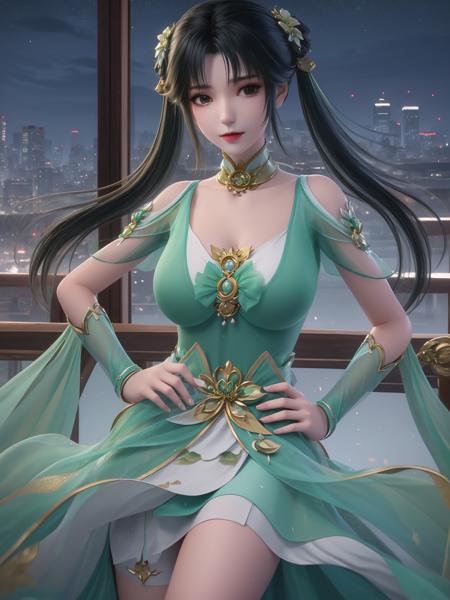 ZXbiyao, 1girl, dress, solo,black hair, twintails, long hair, hair ornament,detached collar, wrist cuffs,  <lora:ZXbiyao:0.75>,cityscape, night, looking at viewer,