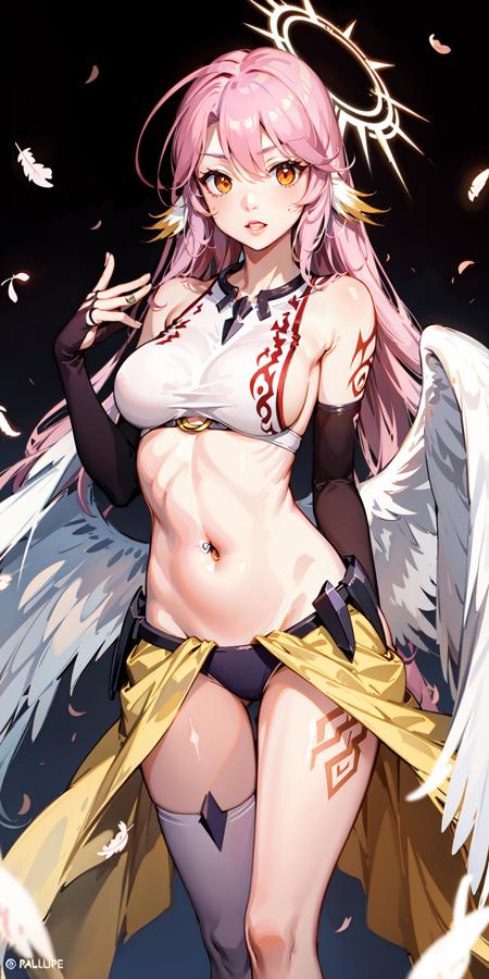 Jibril, 1girl, breasts, long hair, solo, feathered wings, navel, compass rose halo, pink hair, sideboob, wings, halo, white wings, crop top, multicolored hair, bird ears, low wings, angel wings, large breasts, angel, gradient hair, midriff, looking at viewer, blush, hair between eyes, bridal gauntlets, tattoo, very long hair, stomach, groin, parted lips, animal ears, orange eyes, feathers, gloves, yellow eyes, multicolored eyes, magic circle, bare shoulders, bangs, shirt, cross, sleeveless, blonde hair, <lyco:LoCon (5):1.0>