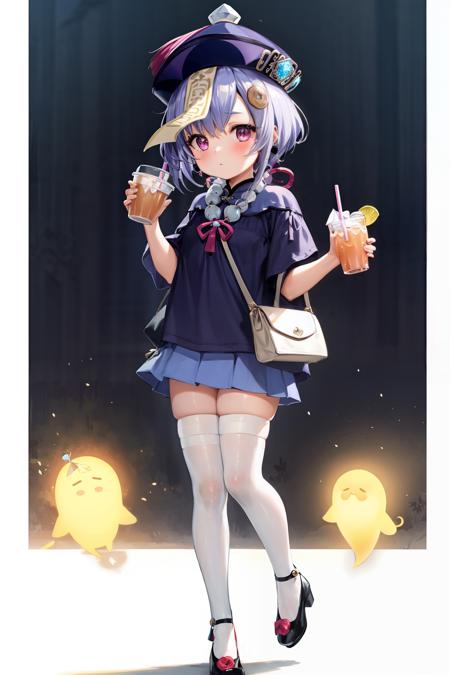 masterpiece, best quality,<lora:qiqi:1>,1girl, qiqi (genshin impact), thighhighs, solo, hat, purple hair, white thighhighs, short sleeves, skirt, full body, hair ornament, braid, black footwear, zettai ryouiki, jiangshi, ofuda, long hair, drinking straw, blue skirt, holding, purple eyes, standing, white background, qing guanmao, alternate costume, looking at viewer, coin hair ornament, single braid, bangs, shirt, simple background, pleated skirt, bag, shoes, cup, braided ponytail, ghost, purple headwear, blush, casual, talisman, drink, sidelocks, miniskirt, closed mouth, holding drink, holding cup, blue headwear, hair between eyes, beads, white shirt, jewelry