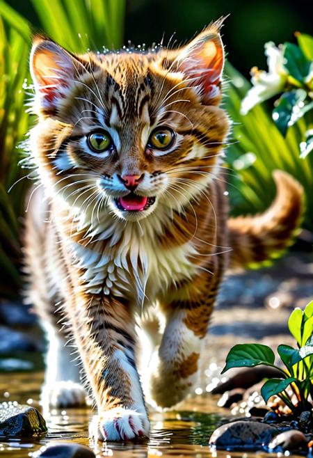 tiny kitten realistic, wet nose, bristling fur, pose in stalking to catch a small mouse