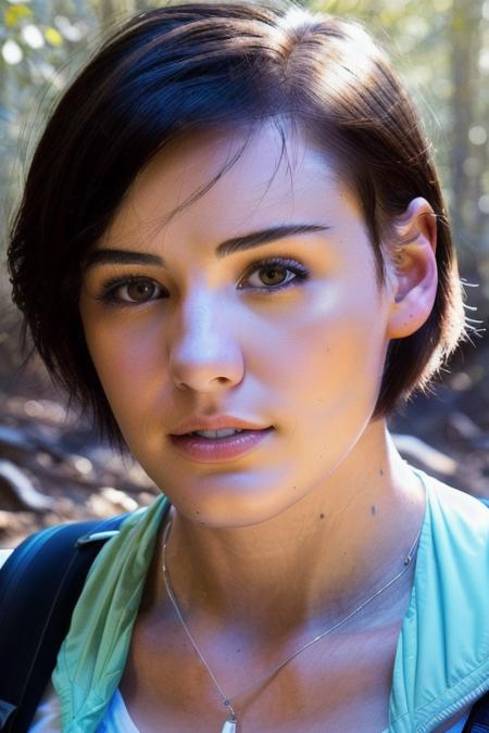 a stunningly beautiful young woman, short brunette hair, white yellow tee shirt, hiking backpack, [upper body], (close up:1.4), 8k, raw, uhd, fujifilm x-t3, ((candid, amateur)), close up, (happy), pale, on a hike in the mountains, <lora:brookeLeeAdams:1>