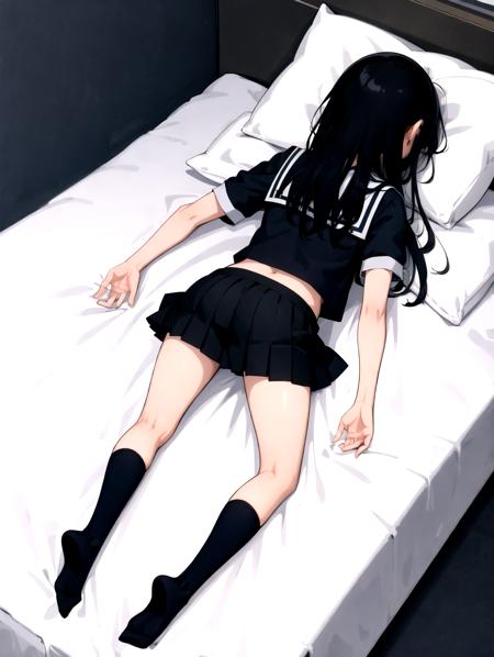 absurdres, highres, ultra detailed, solo, face down, on stomach, on bed, pillow, bed, back,  from behind,
1girl, black hair, long hair, outstretched arms, serafuku, pleated skirt, face in pillow, full body, socks, no shoes,  perfect hands, bag, smartphone, lying, 
<lora:mission_complete_v011:1> <lora:envybetterhandsLocon_beta2:1>