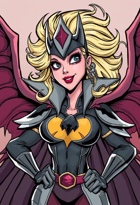 comic style,a female supervillain wearing an fantastical costume,rough cartoon style,
