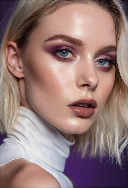 A professional (fashion photo photography:1.2),a  (studio portrait:1.2),showing (surrealistic style:1.1),(black purple gradient background:1.2),(exaggerated character movements:1.5),against glass,(masterpiece, best quality:1.4), perfect body,  long hair, brown hair, brown eyes, parted lips, , detailed skin,model photoshoot, long bob-cut hair, shiny oiled skin, pale skin,  pale white skin, shiny oiled skin, pale skin, realistic eye and face details), hyperrealism, very slim,  bright face, blue eyes, choker, make-up photography by (Ethel Warwick:1.3), modelshoot, pose, , (Ethel Warwick: 1,2) award winning photo macro shot  dramatic lighting,philosophical dimensions,NIKON Z9,35mm,f/1.2,RAW format,stark composition.,(muted tones:1.2),award winning photo,(dream-like quality:1.2),