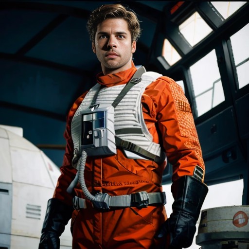 man in rebel pilot suit <lora:rebelpilotsuit:1> in hangar, RAW photo, 8k uhd, dslr, soft lighting, high quality, film grai...