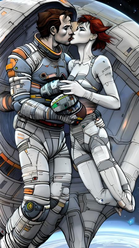 a flying couple kissing in a spaceship without gravity <lora:vor_enki.v3.lora:0.8>