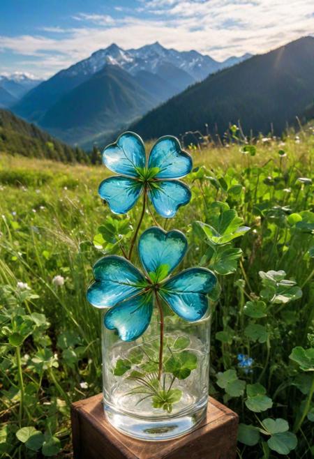 a four-leaf clover in glass, in a natural landscape, depicted nestled among tall grasses in a serene meadow with mountains in the distance. The glass clover should reflect the surrounding scenery, capturing the vibrant hues of the grass and the azure sky. The overall atmosphere should be tranquil and harmonious, with soft sunlight casting warm rays over the scene. (natural landscape), (serene), (reflective:1.1), (vibrant colors), (mountains), (tranquil atmosphere), (soft sunlight), (harmonious)