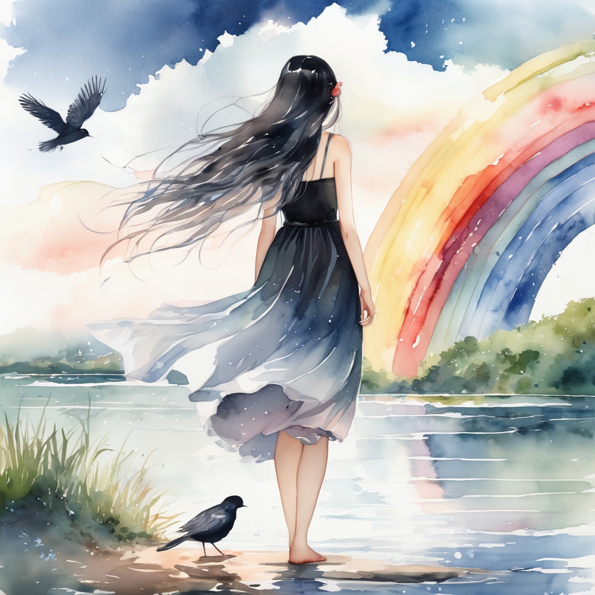 masterpiece, best quality, absurdres, illustration, watercolor, 1girl, solo, long hair, black hair, dress, skirt hold, wad...