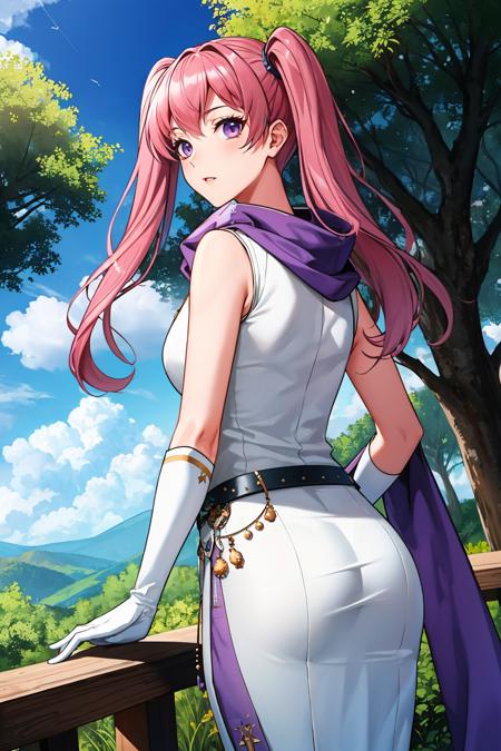 masterpiece, best quality, serra, purple eyes, long white dress, sleeveless, elbow gloves, purple scarf, belt, stream, trees, sky, clouds, looking at viewer, from behind, surprised <lora:serra-nvwls-v2-000010:0.9>