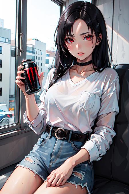 Highly detailed, High Quality, Masterpiece, beautiful, solo, 1girl, nevin, red eyes, white shirt, <lora:Nevin:0.8>, HoldingMonsterEnergy, <lora:Pos_HoldingMonsterEnergy:0.5>