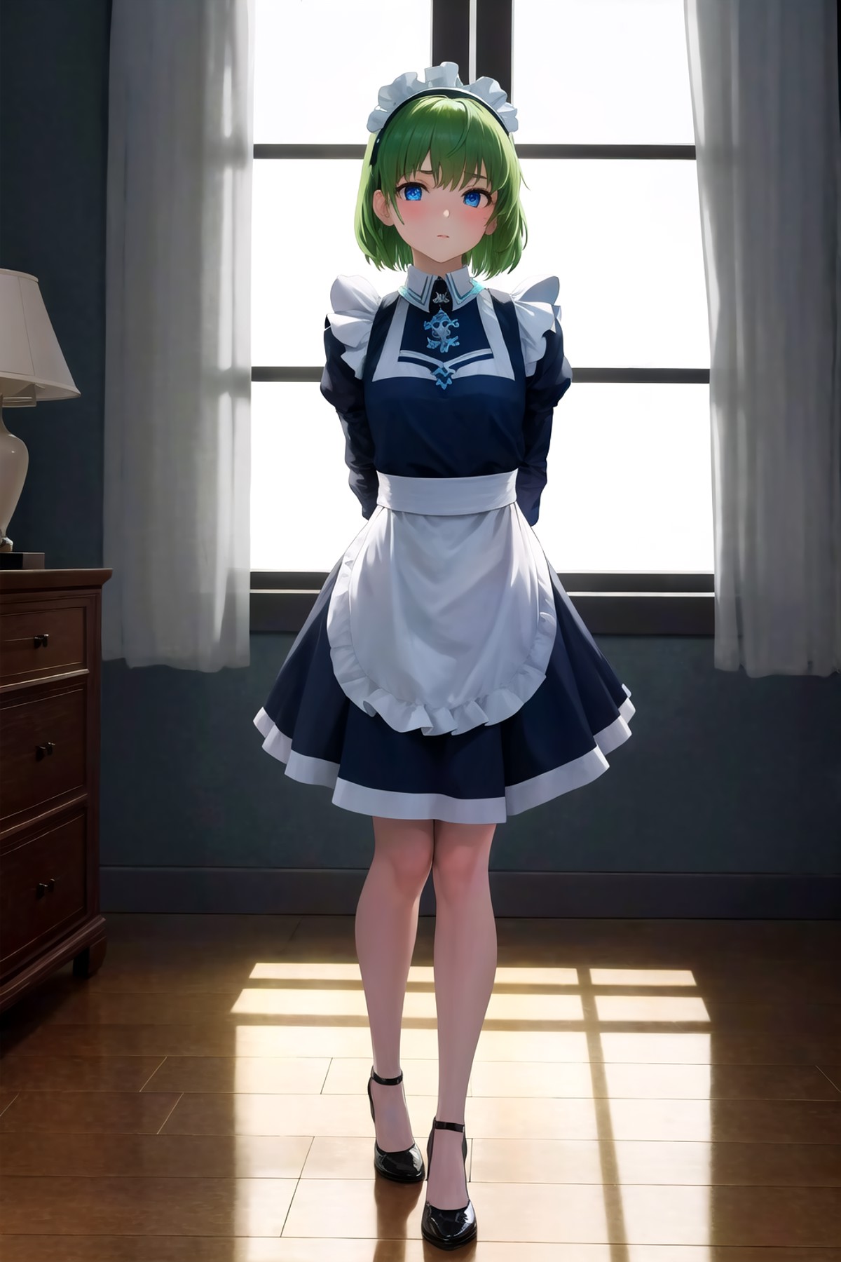 masterpiece, best quality, absurdres, 1girl, solo, full body, standing at attention, standing, nino, green hair, short hai...