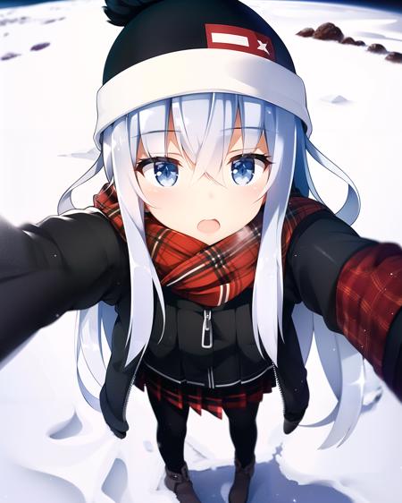 masterpiece, (best quality:1.4), photorealistic, best illustration, best shadow, (beautiful detailed:1.4), finely detailed, (dramatic light:0.9), HDR, ray-tracing, intricate details, snowy footpath in winter, blue sky, 1girl, solo, (hibiki:1.22) from kantai collection, cowboy shot, (closed mouth:1), very long hair, silver hair, winter jacket, pleated skirt, black pantyhose, plaid scarf, knit beanie, mittens, grey eyes, finely detailed iris, breath, perspective, diffraction spikes,