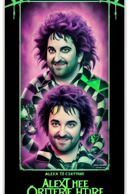 tarot card, 80s movie poster, Alex Brightman as Beetlejuice, male_focus ,wild neon green hair , trending on artstation,  rim lighting, octane rende,r frost engine 3 ,deetz1