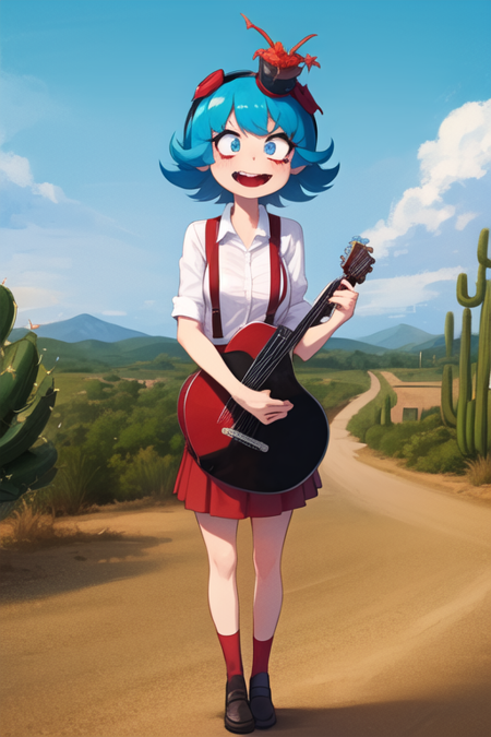 FridaSuarezv1.5, blue hair, red gogles, red skirt, shite shirt, suspenders, playing a red skull shaped guitar, in an old cowbow town in the desert. Rolling cactus plants.