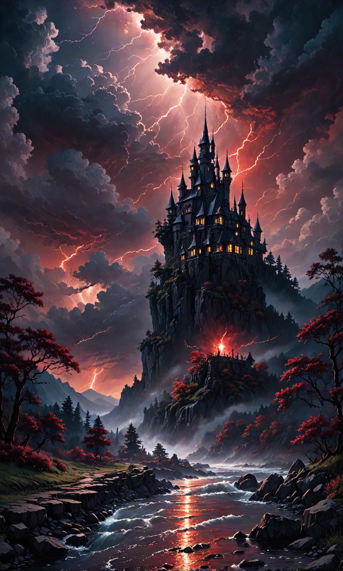 Castle Illustration With Red Sky and Lightning Bolt - Artwork of a grand castle atop a hill.