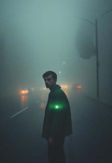 Young man, dispassionate , moody, hazy, foggy, traffic lights break through the dense fog on a lonely evening street, artsy, pop album cover shot, graphic design background, man's face in foreground, portrait