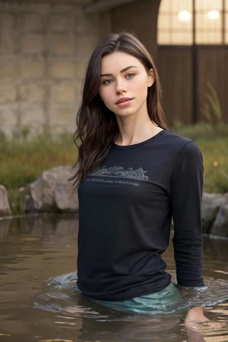 portrait of S280_LucieCline,a beautiful woman, bathing in an (indoor-swamp:1.1),wearing a (long-sleeve t-shirt:1.1),(wet-hair),(4k, RAW photo, best quality, depth of field, ultra high res:1.1),(absurdres, intricate, photorealistic, masterpiece, ultra-detailed:1.1),