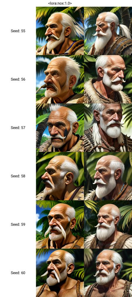 <lora:nox:1.0>. An old man. White short mustache and short beard. Semi-profile. Looking at viewer. Shaman. White paint of a face. Barbarian. Bald. Primitive clothes. Blurry background with tropical plants. Night. Portrait of a RPG character. Extreme close up.