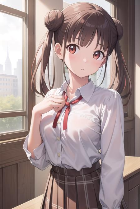 chiyokosonoda, <lora:chiyokosonoda-lora-nochekaiser:1>,
chiyoko sonoda, brown hair, (red eyes:1.5), hair bun, long hair, double bun, sidelocks,
BREAK brown skirt, buttons, collared shirt, dress shirt, miniskirt, neck ribbon, plaid, plaid skirt, pleated skirt, ribbon, school uniform, shirt, skirt, white shirt, yellow ribbon,
BREAK indoors, classroom,
BREAK looking at viewer, cowboy shot,
BREAK <lyco:GoodHands-beta2:1>, (masterpiece:1.2), best quality, high resolution, unity 8k wallpaper, (illustration:0.8), (beautiful detailed eyes:1.6), extremely detailed face, perfect lighting, extremely detailed CG, (perfect hands, perfect anatomy),