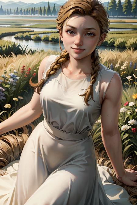 ((masterpiece, best quality))
 <lora:TLOU2Abby:0.8>
TLOU2Abby, 1girl, solo, muscular, single braid, In a field of wildflowers, wearing a flowing dress, smiling