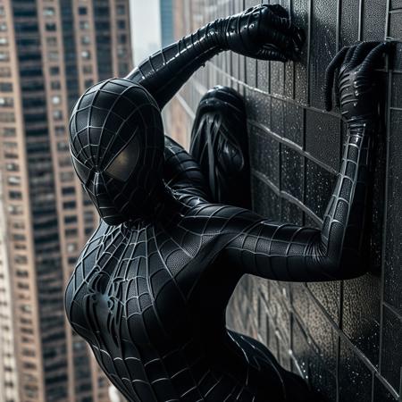 score_9, score_8_up, score_7_up, best quality, realistic, masterpiece, beautiful detail, hyperrealistic, nature scenery, ((1girl, woman body, big breasts)), amazing detailed full body portrait of a beautiful girl, wearing a realistic and highly detailed black raimi spider-man suit, ((huge muscular girl)), ((wears black spiderman mask)), professional model wears ultra - detailed black raimi spider - man suit, ultra - detailed and grained black raimi spiderman suit, suit covered entire body and hand, black spiderman gloves, wet, (hanging onto the wall of a skycraper, close up), (full body), (dirty skin), octane render, highly detailed, volumetric, dramatic lighting, (highest quality:1.1), (HDR:1.3), (top quality, best quality), realistic, high definition,